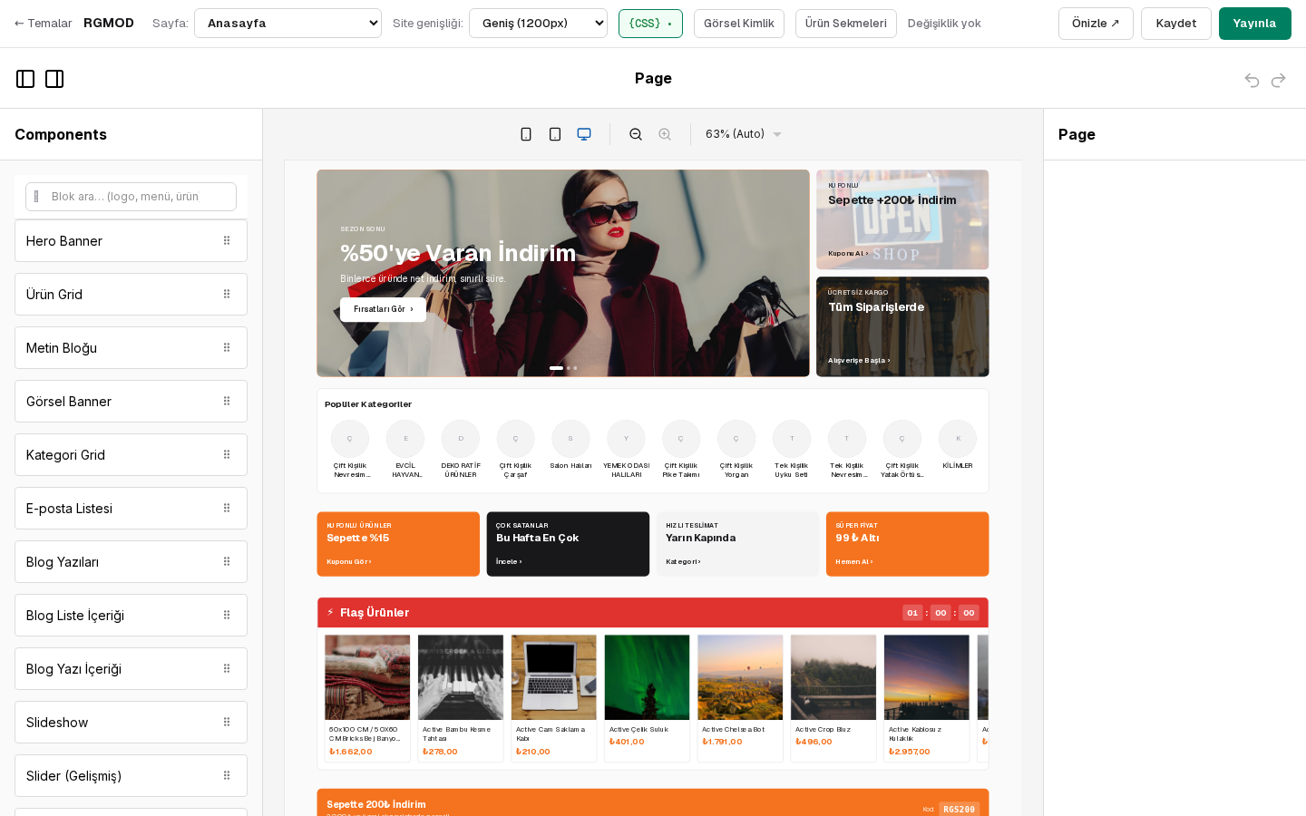 Tema editörü canvas'ı — soldan blok ekleme, ortada canlı önizleme, sağda seçili blok ayarları