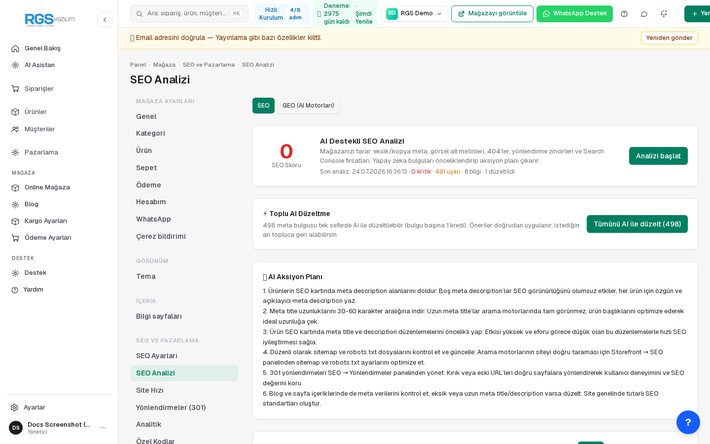 SEO Analizi ekranı — SEO skoru, AI aksiyon planı ve toplu AI düzeltme