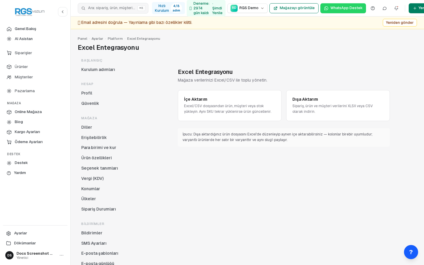 Excel Entegrasyonu hub'ı — içe/dışa aktarım kartları