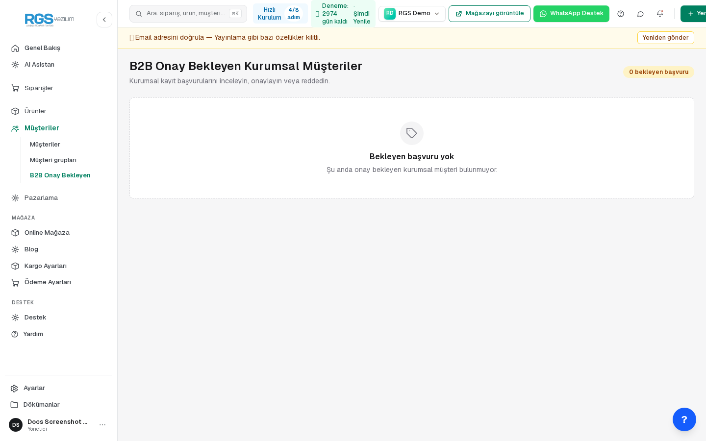 B2B onay bekleyen müşteriler